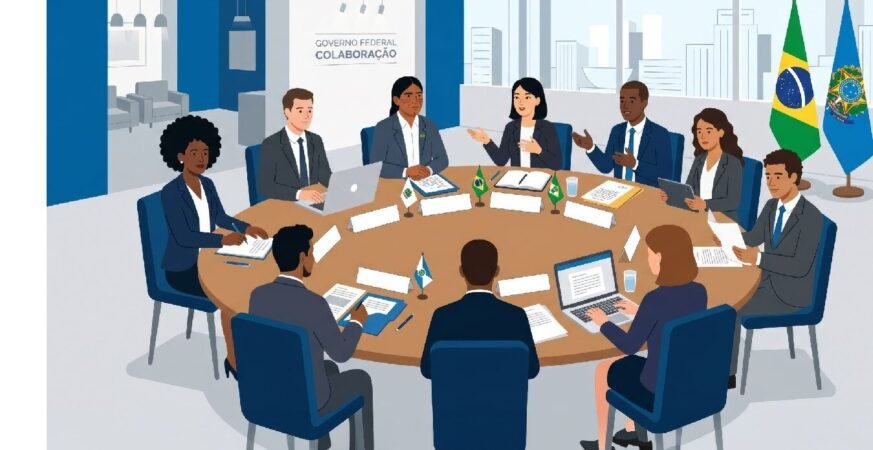 Ilustração de gestores reunidos em torno de uma mesa redonda em sala de colaboração