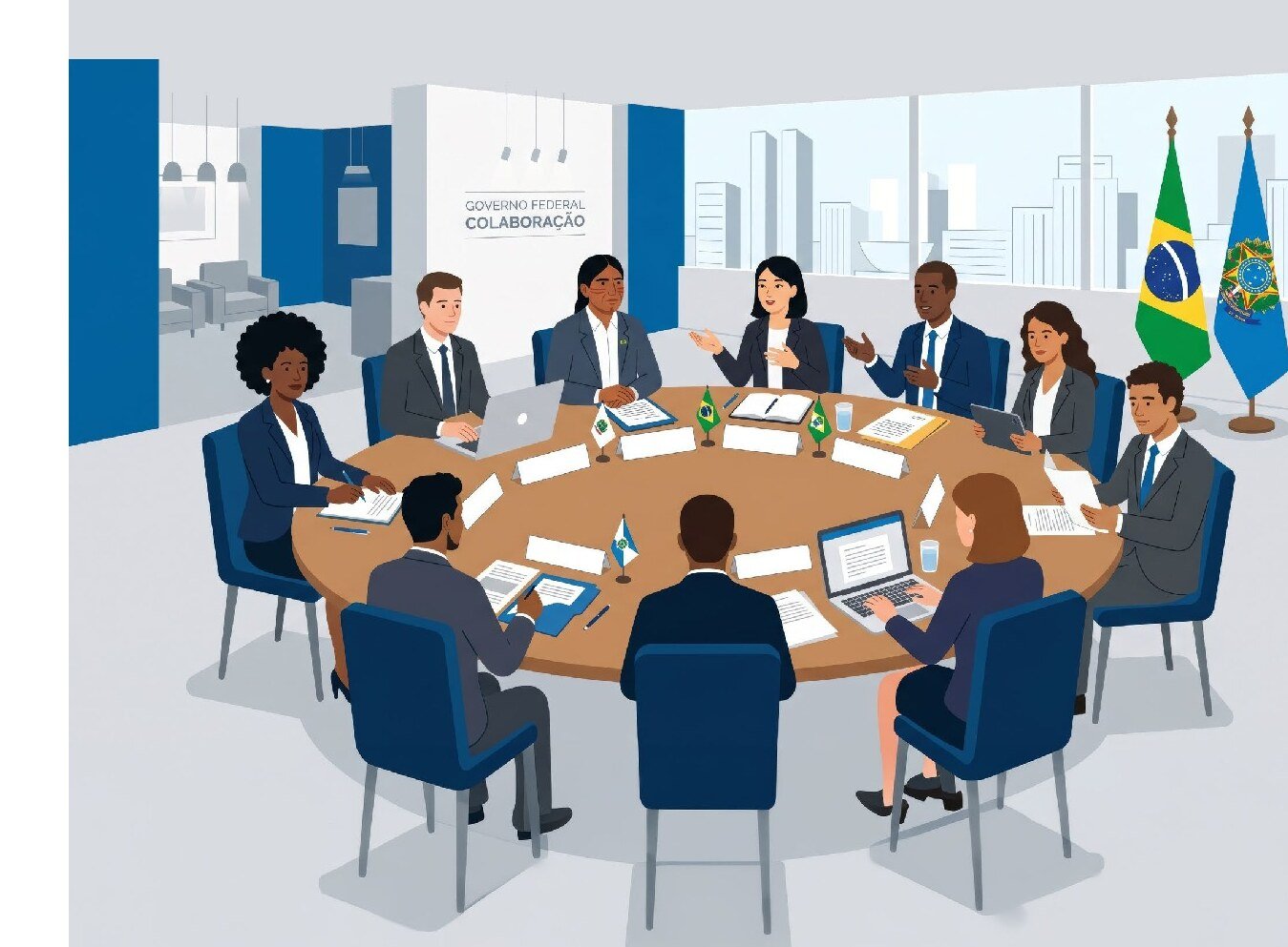 Ilustração de gestores reunidos em torno de uma mesa redonda em sala de colaboração
