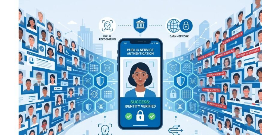 Ilustração de autenticação de identidade por biometria facial em serviço público digital