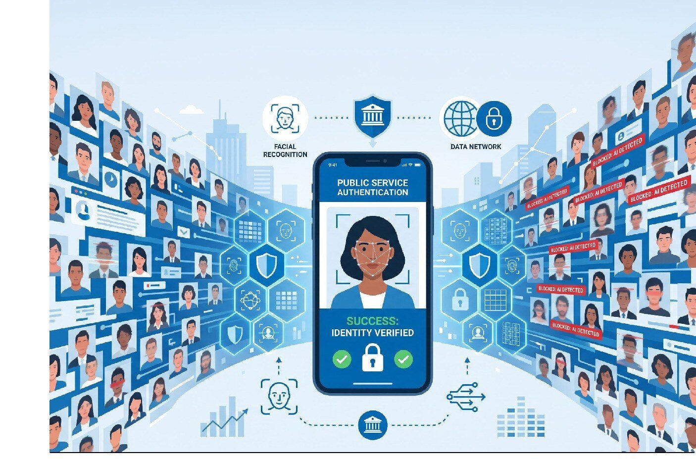 Ilustração de autenticação de identidade por biometria facial em serviço público digital